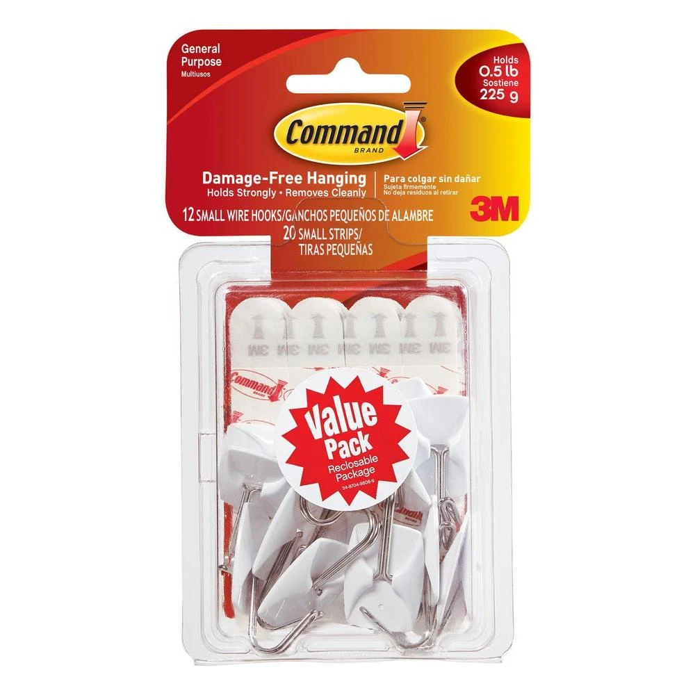 Small Wire Hooks Value Pack, White, 12 Hooks, 20 Strips/Pack