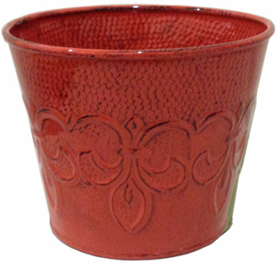 Metal Planter, Fleur De Lis Pattern, Cayenne Red, 6 In.
