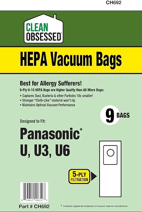 Panasonic Vacuum Cleaner Bags, Type U HEPA, 9-Ct.