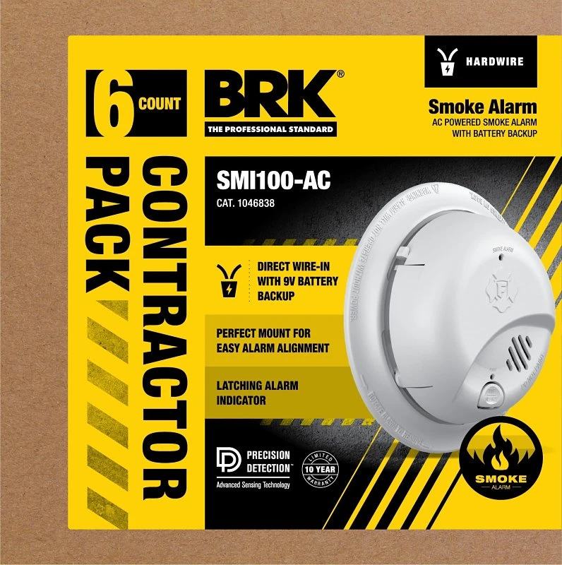 Hardwired Smoke Alarm, Battery Backup, Contractor 6-Pk.