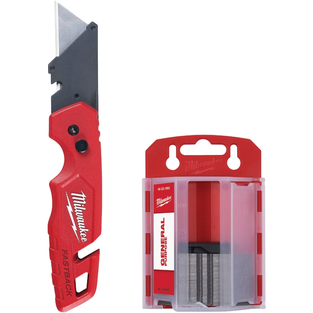 Milwaukee FASTBACK Folding Utility Knife with Blade Storage and 50-Pack General Purpose Utility Blade Set