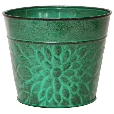 Laurel Planter, Aqua Blue Embossed Sheet Metal, 8 In. High
