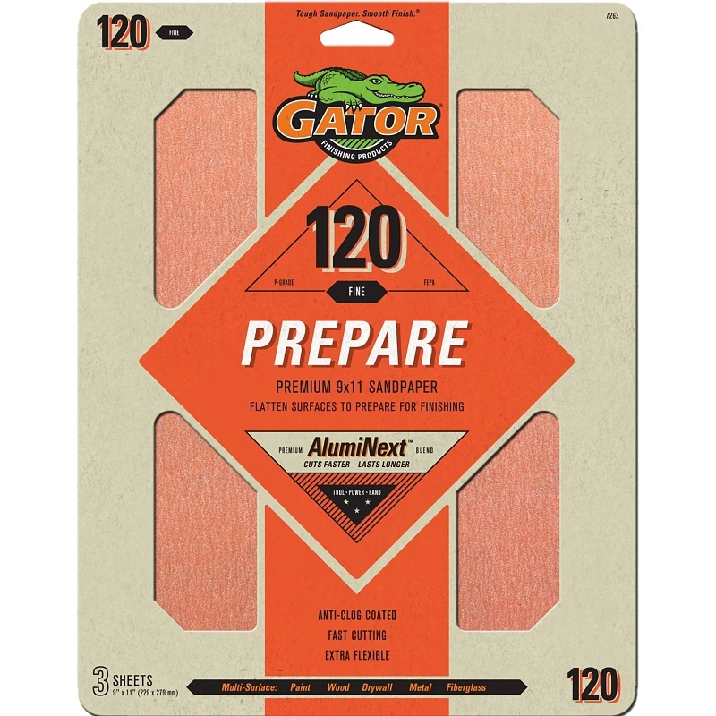 Sandpaper Sheet, 120-Grit, 9 x 11 In., 3-Pk.