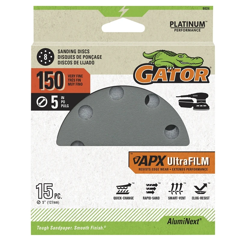 APX Ultrafilm Sanding Discs, Hook & Loop, 150 Grit, 5 In., 15-Pk.