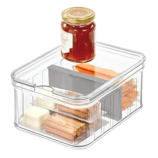 Refrigerator Bin Crisper, Adjustable Divider & Lid, BPA- Free Clear Plastic