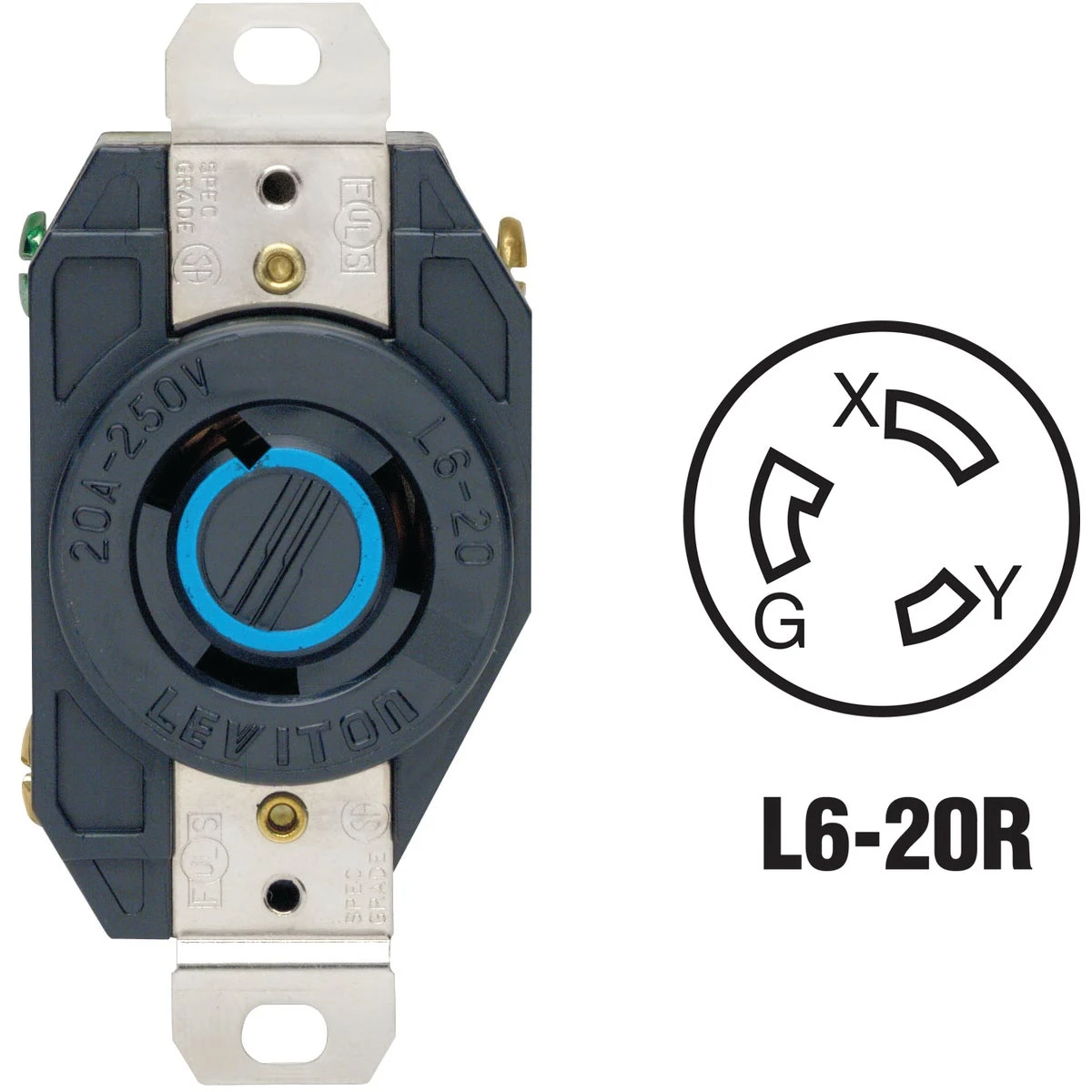 20 Amp 250 Volt Black Industrial Grade L6-20r Locking Outlet Receptacle