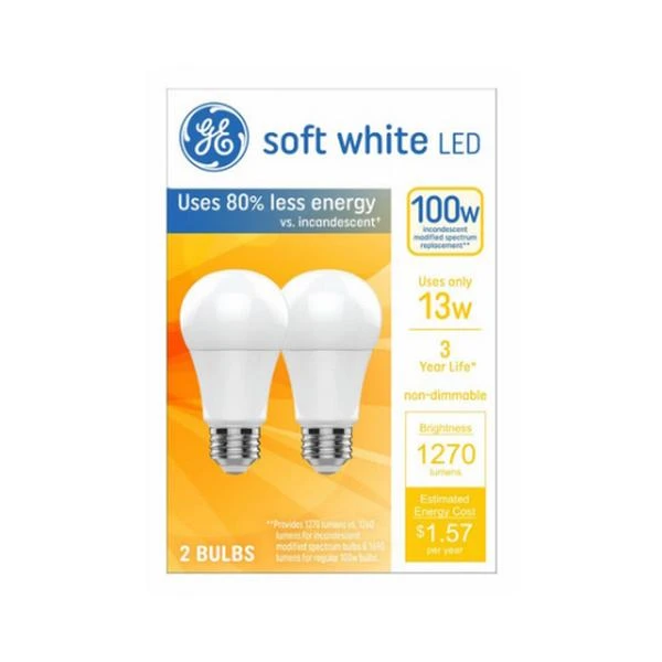 LED Light Bulbs, Soft White, A19 Shape, Medium Base, 13 Watts, 2-Pk.