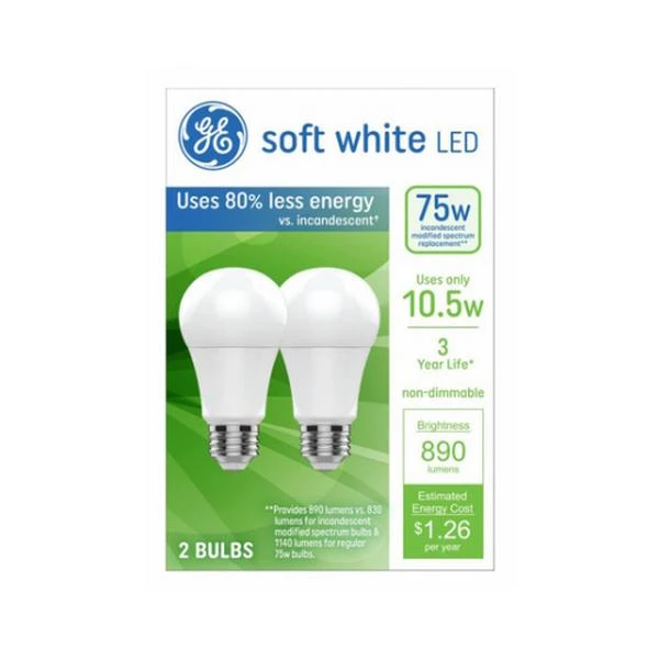 LED Light Bulbs, Soft White, A19 Shape, Medium Base, 10.5 Watts, 2-Pk.