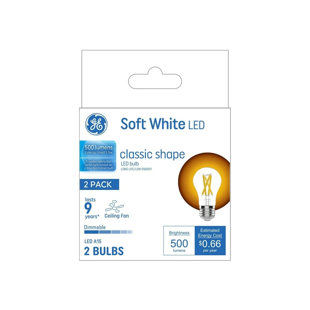 LED Ceiling Fan Light Bulbs, A15 Shape, Clear, 5.5 Watt, 2-Pk.