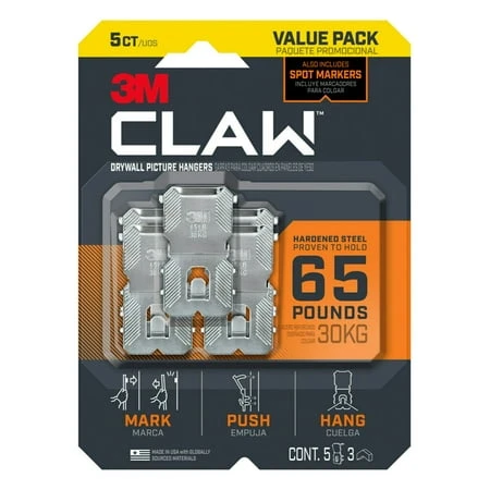 CLAW Drywall Picture Hanger Set, Holds 65 Lbs., 5 Hangers, 3 Temporary Spot Markers