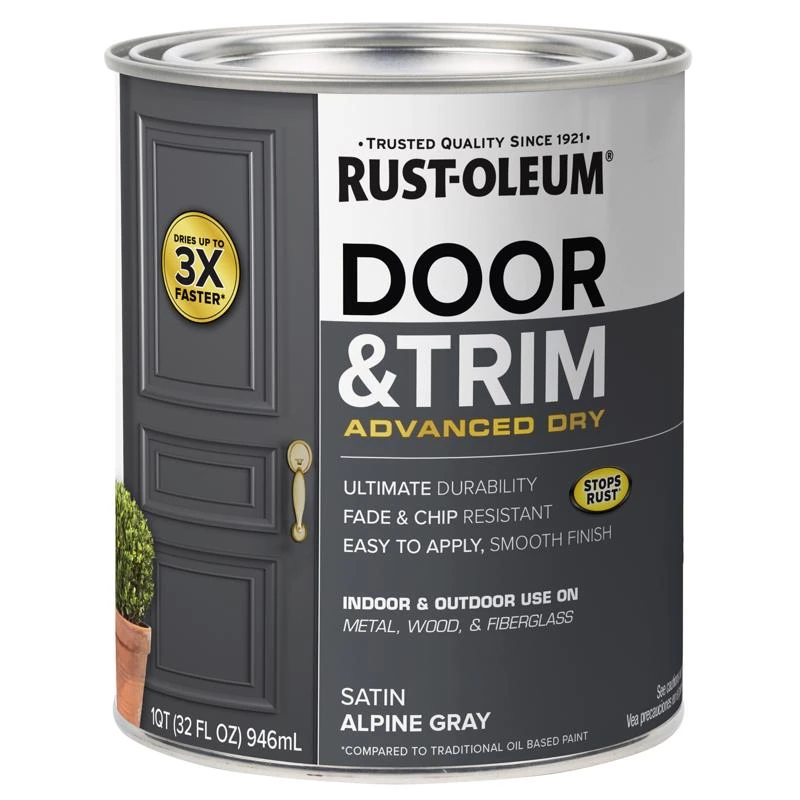 Door and Trim Paint, Interior/Exterior, Water Based, Satin Alpine Gray, Quart