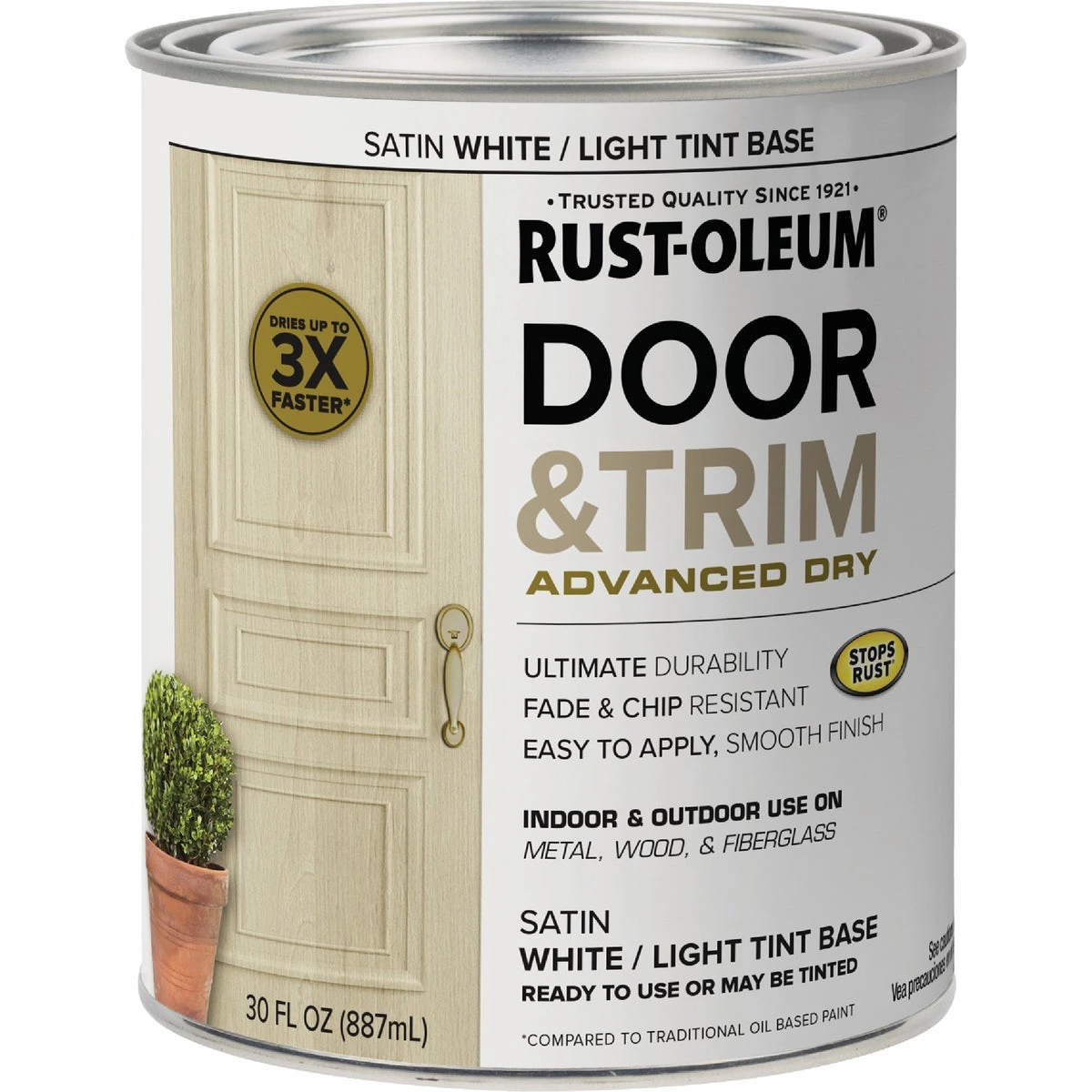 Door and Trim Paint, Interior/Exterior, Water Based, Satin White/Light Tint Base, Quart