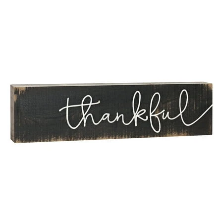 Thankful Script Design Black Distressed 6' X 1.5' Mini Pine Wood Tabletop Sign Plaque