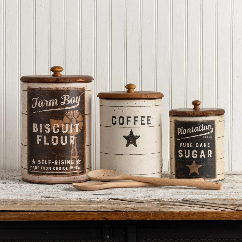 Farmhouse Metal Tin Canisters Set - Grey For Sugar, Coffee, Flour