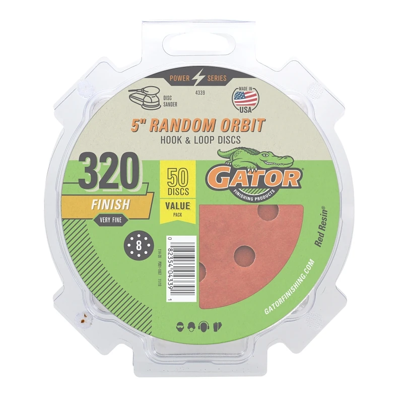 Random Orbit Sanding Discs, Hook & Loop, 8 Holes, 320 Grit, 5 In., 50-Pk.
