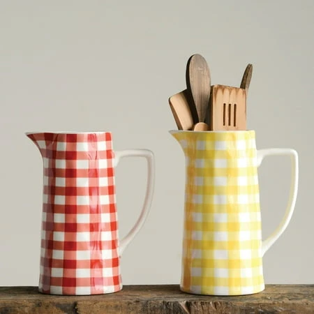 9.5" X 5" Red Gingham Stoneware Pitcher By 3r Studios