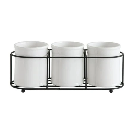 White Ceramic Crocks In Metal Holder Set Of 3 For Kitchen Organization