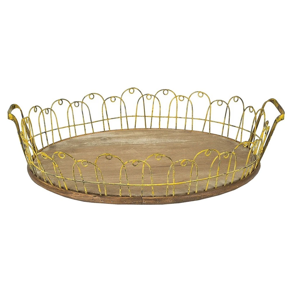 Round Decorative Wood Tray With Yellow Wire Edge And Handles, 16-1/2 Inches