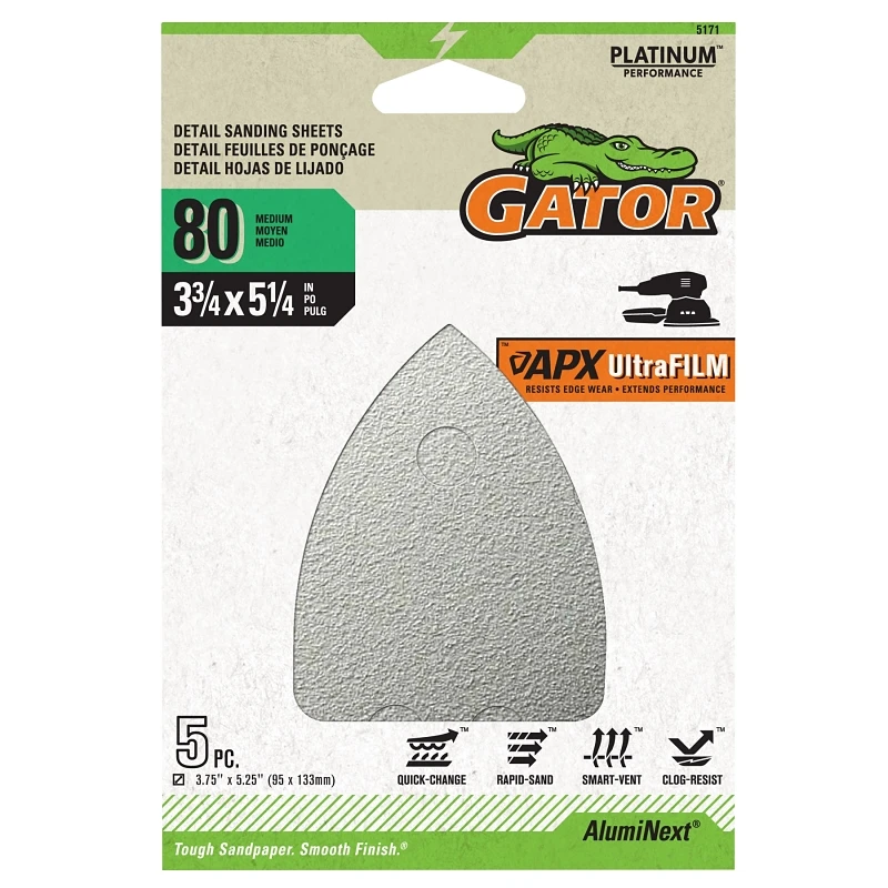 Platinum Detail Sanding Sheets, 80 Grit, 3-3/4 x 5-1/4 In., 5-Pk.