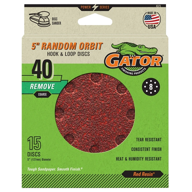 Random Orbit Sanding Discs, Hook & Loop, 8 Holes, 40 Grit, 5 In., 15-Pk.