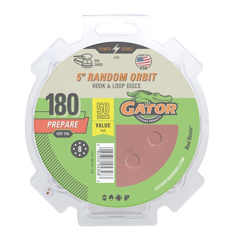 Random Orbit Sanding Discs, Hook & Loop, 8 Holes, 180 Grit, 5 In., 50-Pk.