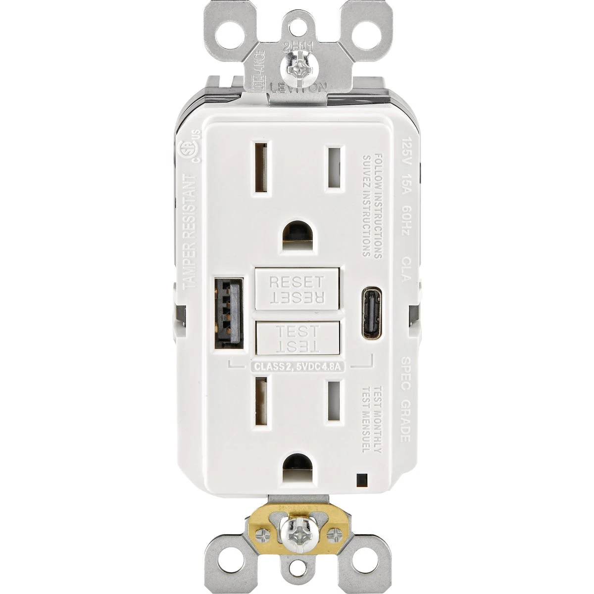 Smartlockpro White 2-port Usb Charging Outlet With 5-15r Self-test Gfci