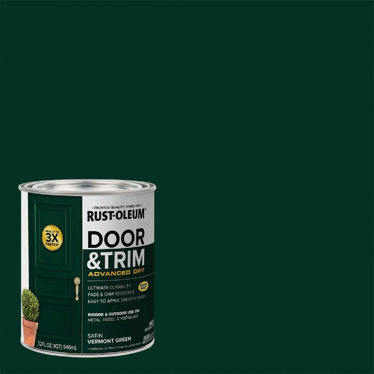 Door and Trim Paint, Interior/Exterior, Water Based, Satin Vermont Green, Quart