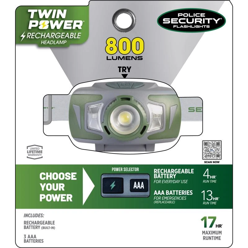 Ryder Twin Power Rechargeable Headlamp, 3 Modes, 800 Lumen