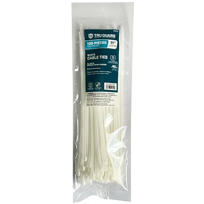 Self-Locking Cable Ties, White, 11 In., 100-Pk.