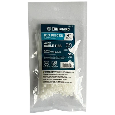 Self-Locking Cable Ties, White, 4 In., 100-Pk.
