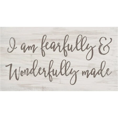 P. Graham Dunn Fearfully & Wonderfully Made Whitewash 10" X 5.5" Solid Wood Plank Wall Plaque Sign