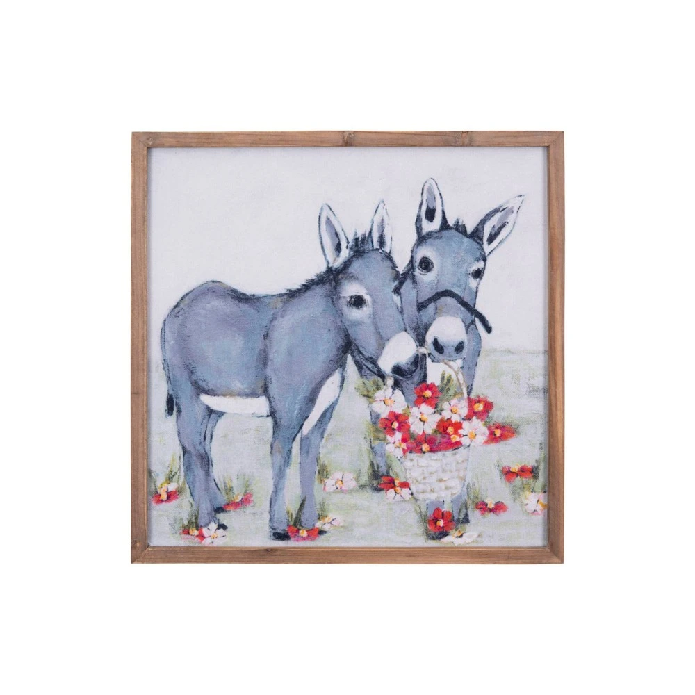 Donkeys With Flowers In Basket Framed Wall Canvas Art Blue - Creative Co-op
