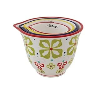 Creative Co-op Floral Hand Stamped Stoneware Measuring Cups Set Of 4 (1/4 Cup To 1 1/2 Cup)