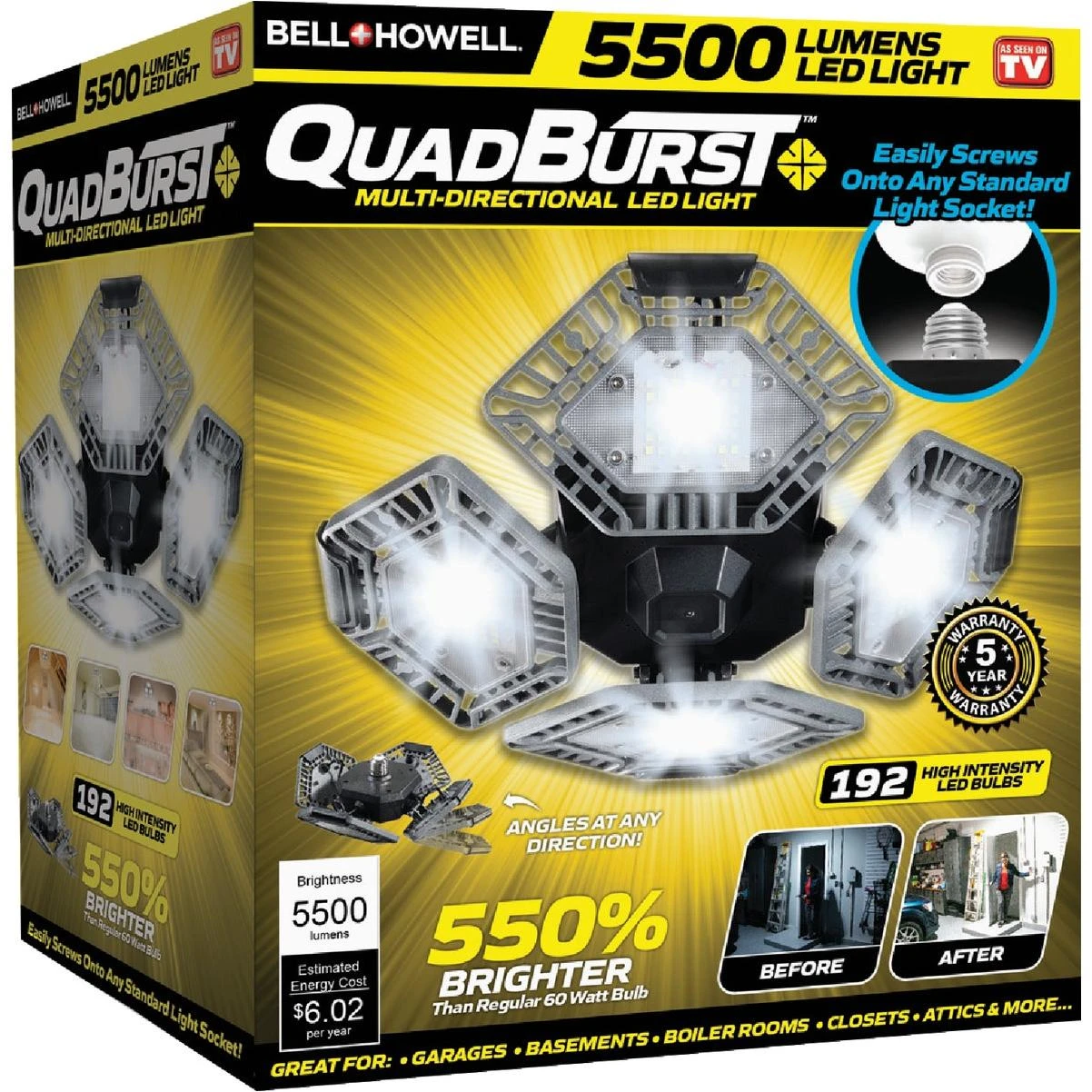 Bell+Howell QuadBurst Multi‑Directional LED Socket Light – 5,500 Lumen Floodlamp