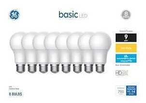 GE Basic 9.5W A19 Frosted Soft‑White LED Bulb – 60W Equivalent, E26 Base