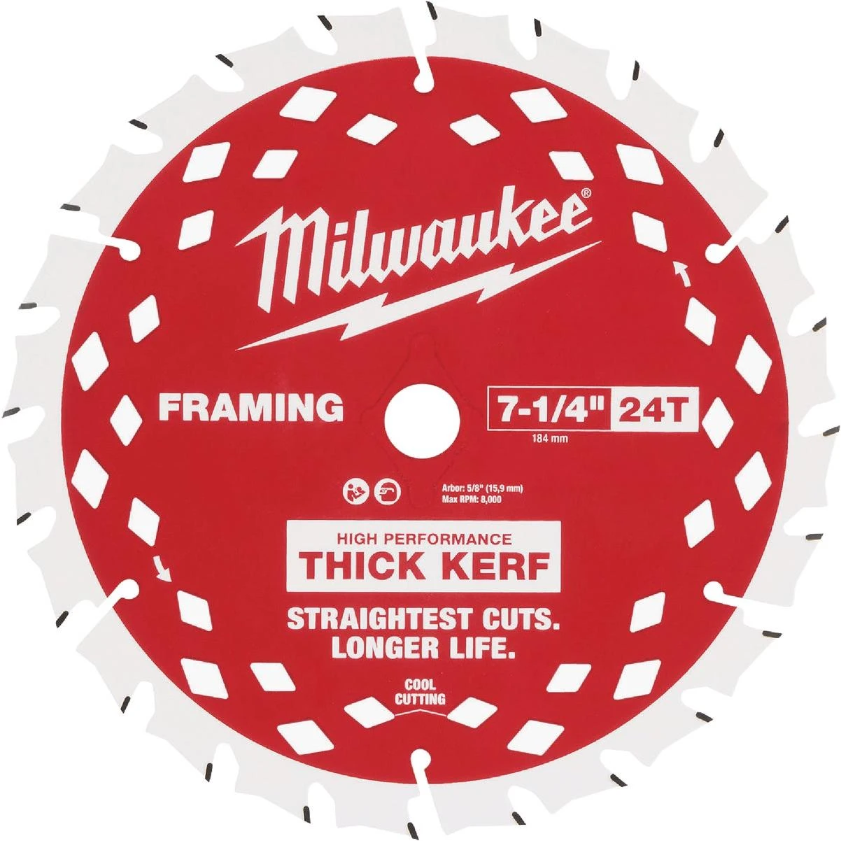Milwaukee 7‑1/4" 24‑Tooth Carbide Circular Saw Blade – 5/8" Arbor, Thick‑Kerf for Precise Cuts