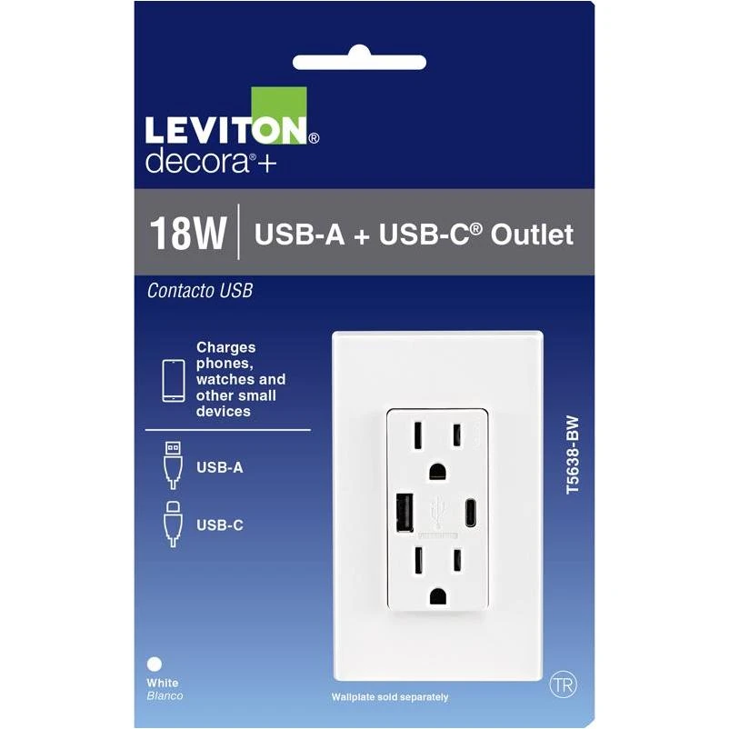 Leviton Decora 15A White Tamper‑Resistant Outlet with Dual Smart USB Charger – 18W Fast Charge