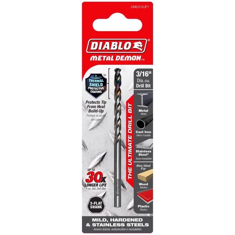 Diablo Metal Demon 3/16" x 3.4" 3‑Flat Shank Drill Bit – Single Piece