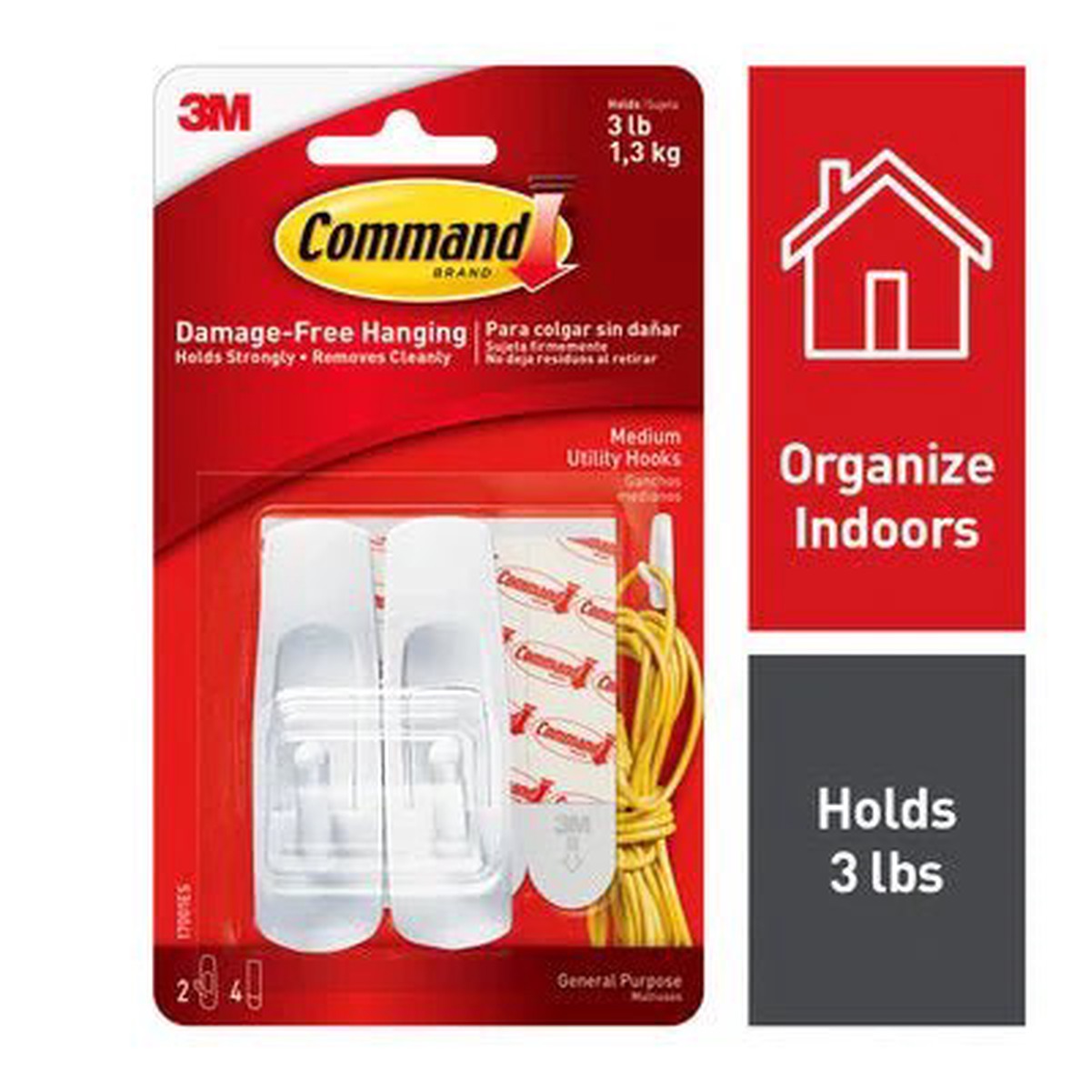 Command Medium Utility Hooks, 2-Command Hooks, 4-Command Strips,Damage-Free Hanging of Halloween Decor, White 3 Pack