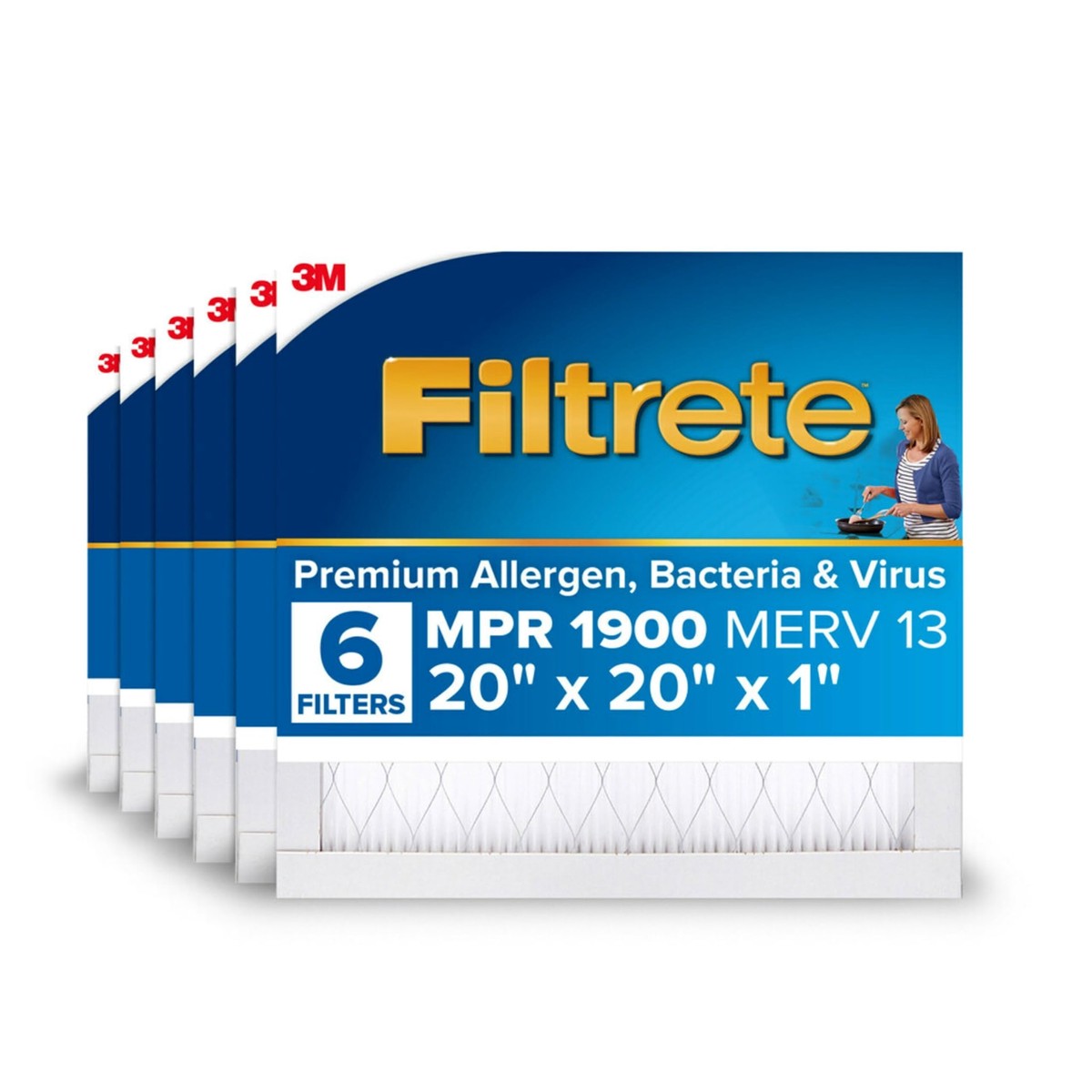 Filtrete 12x12x1 AC Furnace Air Filter, MERV 13, MPR 1900, Premium Allergen, Bacteria & Virus Filter, 3-Month Pleated 1-Inch Electrostatic Air Cleaning Filter, 6-Pack (Ac