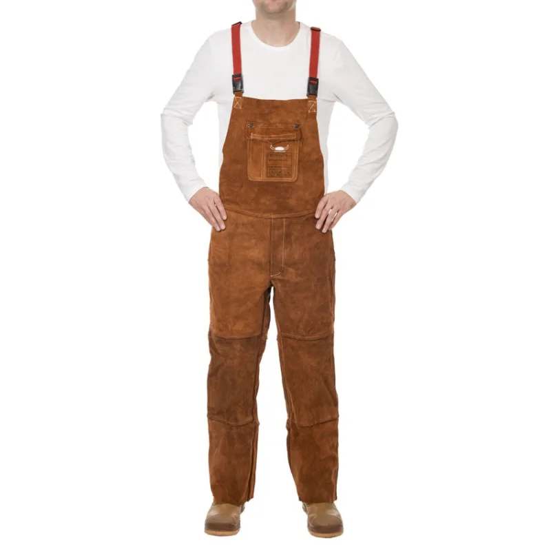 Lava Brown split cowleather welding pants with breast protection and closed back, bib and brace