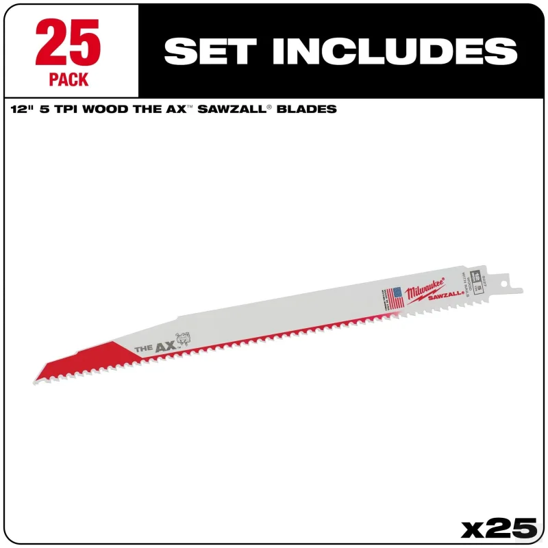 Milwaukee12 5TPI AX Nail Embedded Wood Cutting SAWZALL Blades 25-Pack (48-00-8027)