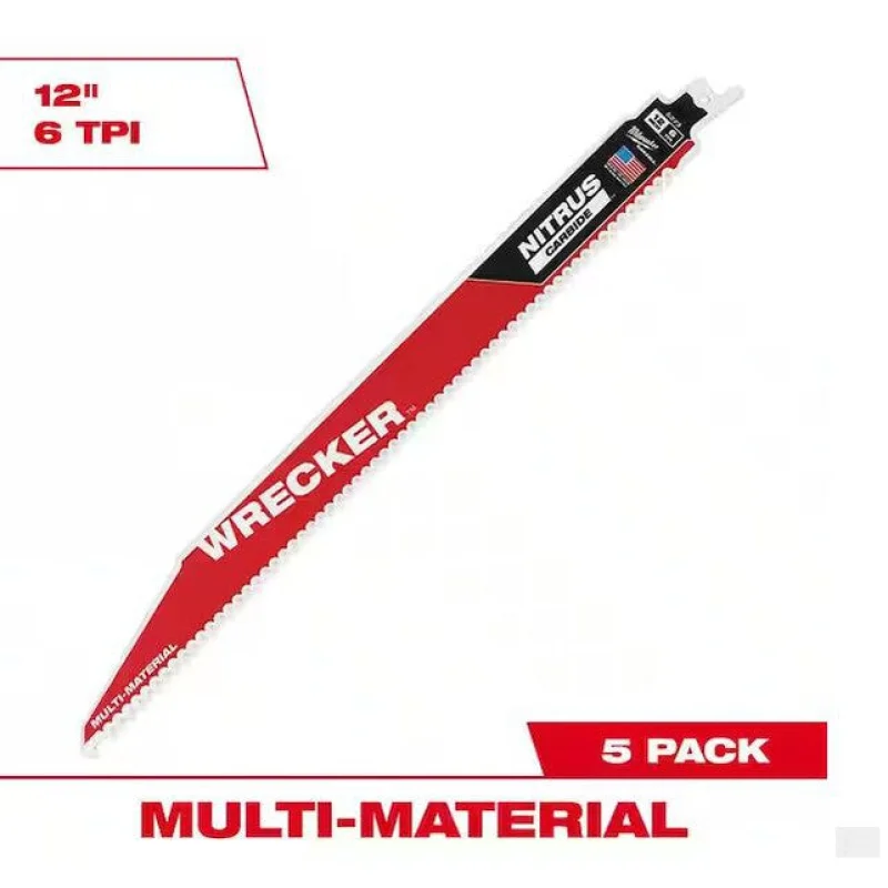 Milwaukee 12 in. 6 Teeth Per Inch WRECKER Nitrus Carbide Teeth Multi-Material Cutting SAWZALL Reciprocating Saw Blade (5-Pack) 48-00-5573