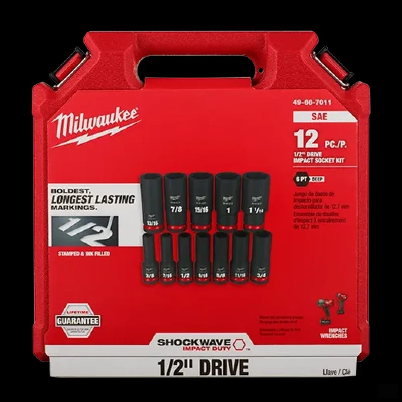Milwaukee 12PC SHOCKWAVE Impact Duty 1/2in Drive SAE Deep 6 Point Socket Set 49-66-7011