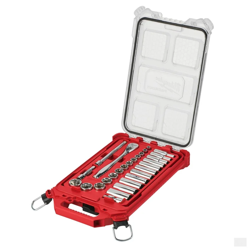 Milwaukee 3/8 Drive 28pc Ratchet & Socket Set with PACKOUT Low-Profile Compact Organizer – SAE 48-22-9481