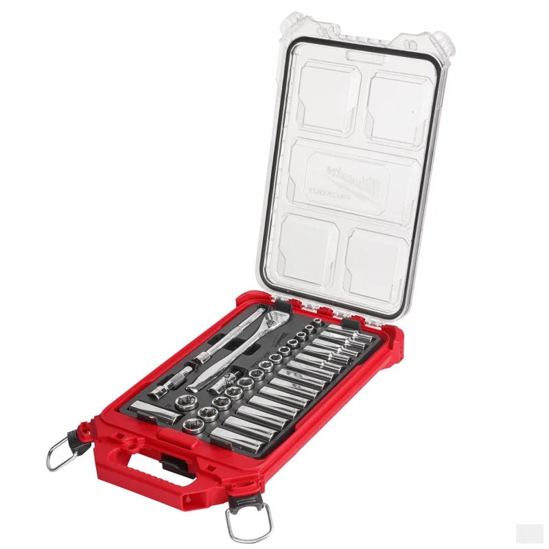 Milwaukee 32pc 3/8″ Metric Ratchet and Socket Set with PACKOUT Low-Profile Compact Organizer (48-22-9482)