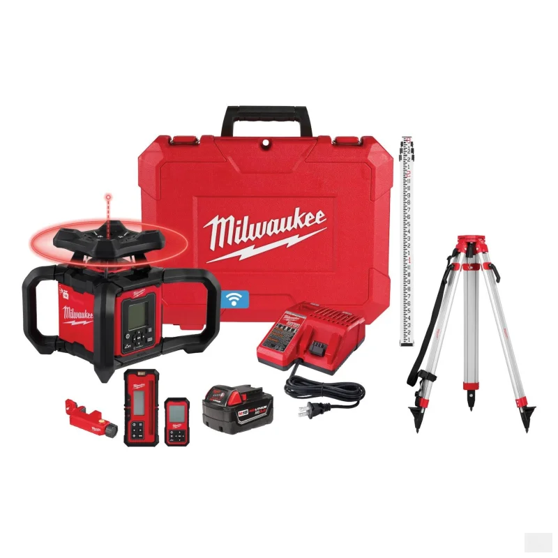 Milwaukee M18 Red Exterior Dual Slope Rotary Laser Level Kit w/ Receiver, Remote, Grade Rod & Tripod(3704-21T)