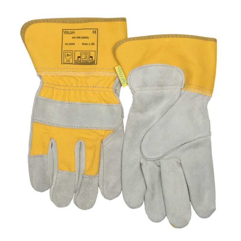 Safety coloured work glove with knuckle strap made of split cow leather, lining in the palm and with 7,5 cm safety cuff