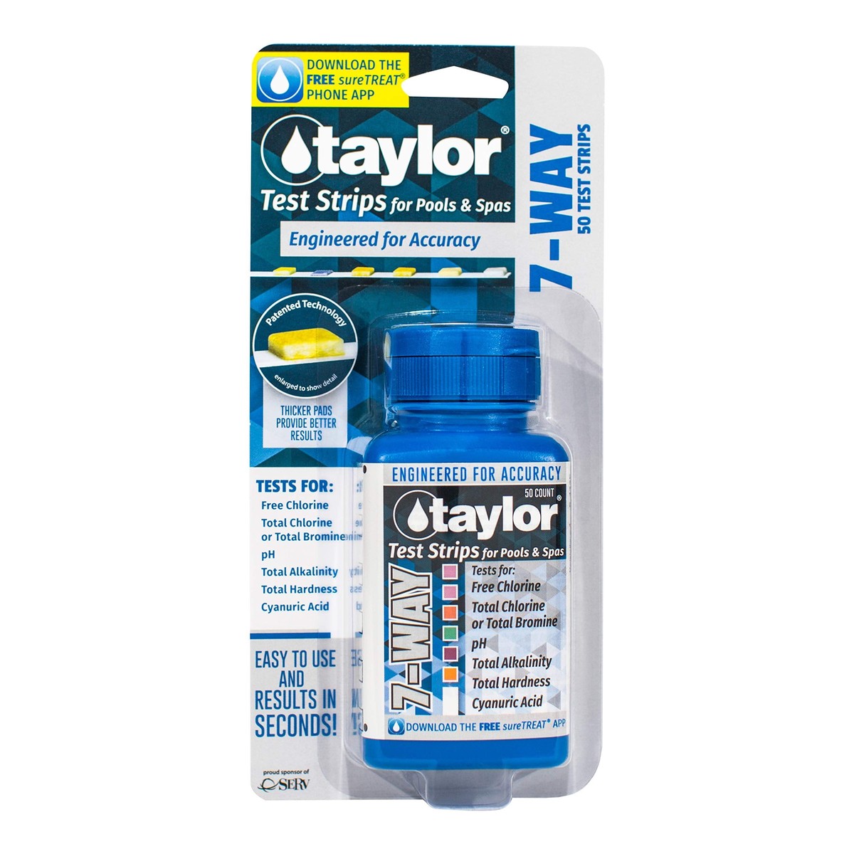 Taylor Technologies 7-Way Test Strips for Free Chlorine, Total Chlorine/Bromine, pH, Hardness, CYA (50 Test Strips) S-1335-12