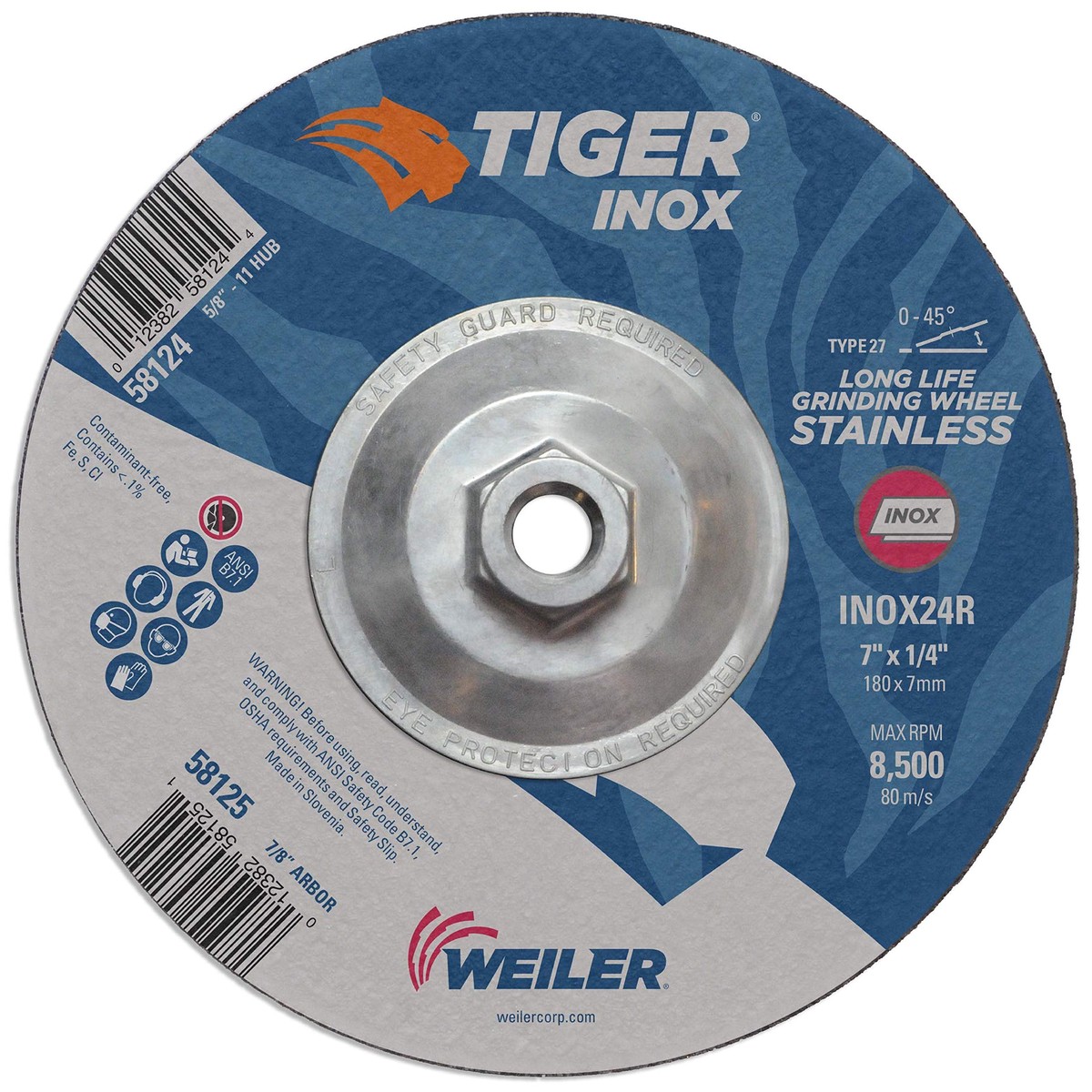 Weiler 7 x 1/4 Tiger Ceramic Type 27 Grinding Wheel CER24R 7/8 A.H (Pack of 10)